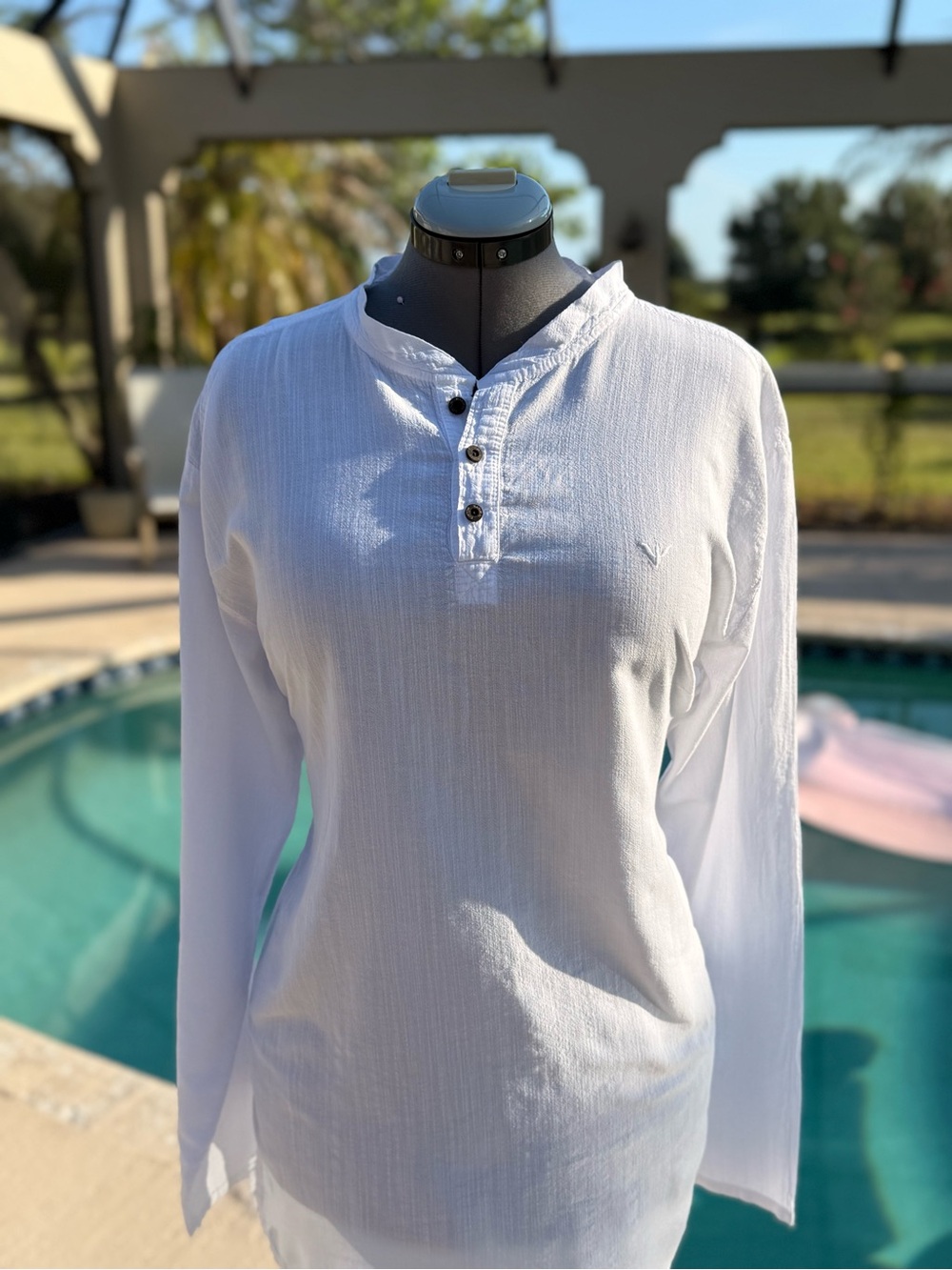 Women's White Long-Sleeve Henley Top - Lightweight Button Front